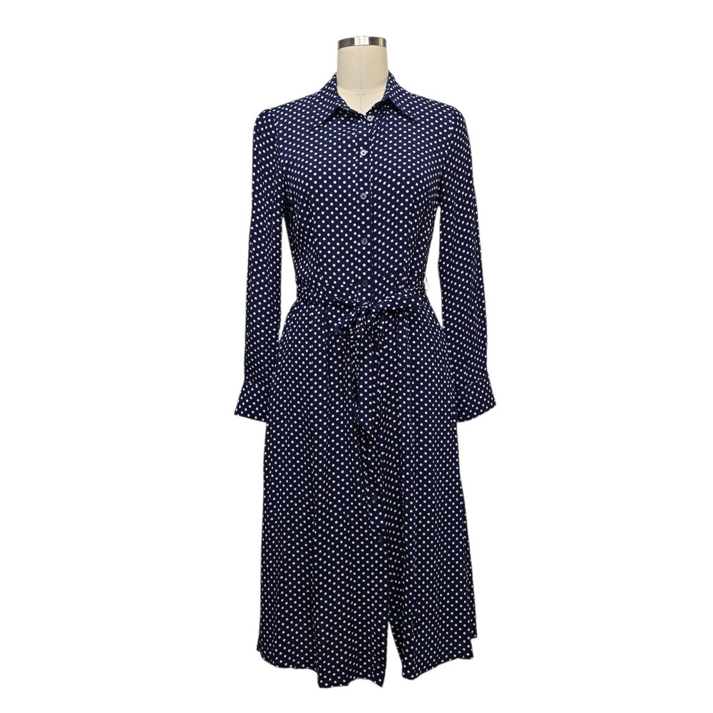 Boden Navy White Polka Dot Midi Shirt Dress Size US 6R Long Sleeve Belted